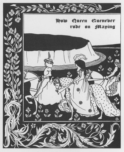 Arthurian legenda: "" Queen Guenievre Queen of May"" Kaiverrus Sir Thomas Maloryn "" The Morte of Arthur" -kirjaan, painos kuvittanut Aubrey Beardsley (1872-1898) 1893-1894 (Arthurian legenda: Queen Guenever (Guinevere) maying , kuvitus Aubrey Beard tekijältä Aubrey Beardsley
