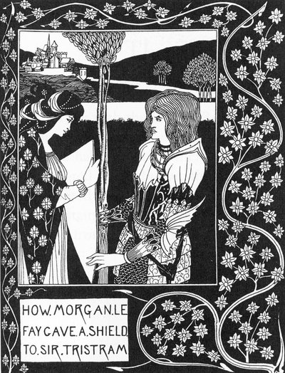 Arthurian Legenda: "" Maksu, jonka Morgane antaa kilven Tristanille""" Kaiverrus kirjaan "Tristanin tarina ja hänen seikkailunsa, joka sisältää hänen rakkaustarinansa Isolden kanssa"" Sir Thomas Maloryn "The Morte of Arthur", painos kuvitettu Aubrey antoi  tekijältä Aubrey Beardsley