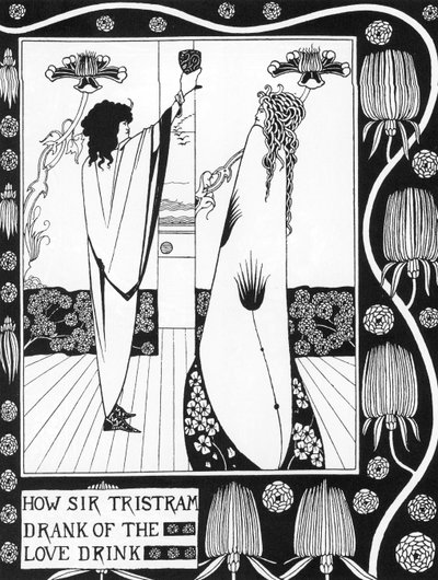 Arthurian Legenda: "" Tristan juo rakkausfiltreä""" Kaiverrus "" Tarina Tristanista ja hänen seikkailuistaan, joka sisältää hänen rakkaustarinansa Isolden kanssa"""" Sir Thomas Malorylta, painoksen kuvittanut Aubrey Beardsley (1872-1898) ) 1893-1894 (Arthu tekijältä Aubrey Beardsley