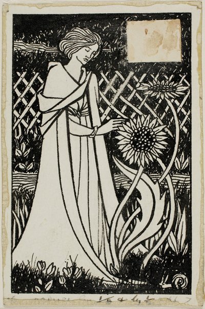 Koristeellinen tutkimus: Nainen auringonkukan kanssa tekijältä Aubrey Beardsley
