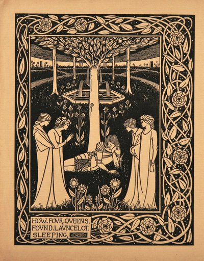 Kuinka neljä kuningatarta löysi Lancelotin nukkumasta. Kuvitus Sir Thomasin kirjaan Le Morte dArthur tekijältä Aubrey Beardsley