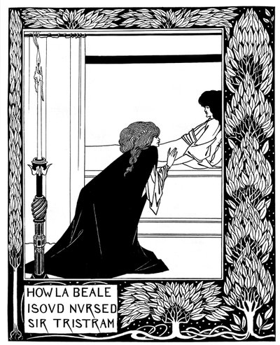 Kuinka La Beale Isoud hoiti Sir Tristramia. Kuvitus Sir Thomas M.:n kirjaan Le Morte dArthur tekijältä Aubrey Beardsley