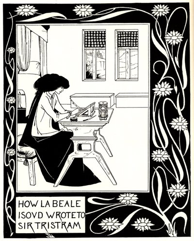 Kuinka La Beale Isoud kirjoitti Sir Tristramille. Kuvitus Sir Thomasin kirjaan Le Morte dArthur tekijältä Aubrey Beardsley