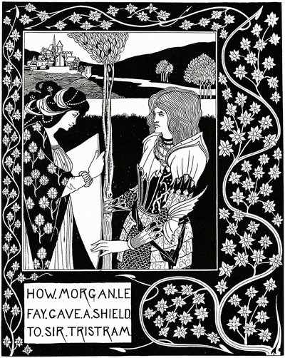 Kuinka Morgan le Fay antoi kilven Sir Tristramille, piirros Sir Thomas Maloryn teoksesta "Le Morte d