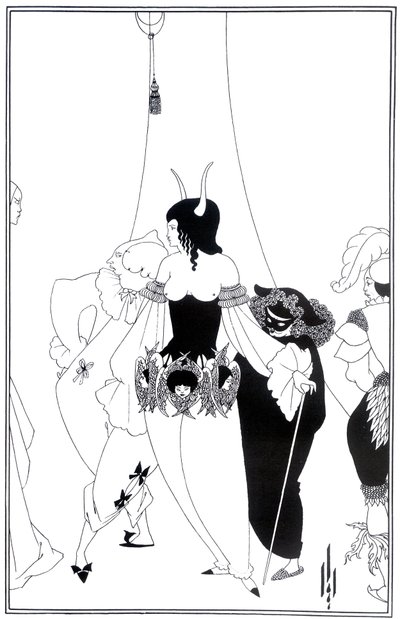 Kuvitus Edgar Allan Poen teokseen Punaisen kuoleman naamio, 1895. tekijältä Aubrey Beardsley