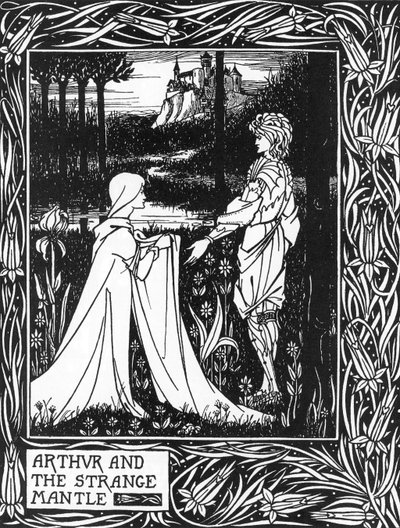 Kuningas Arthur vastaanottaa maksulla lähettämän nuoren tytön vierailun (Kuningas Arthur ja Morgan fayn lähettämä outo vaippa) Aubrey Beardsleyn (1872-1898) kuvitus Thomas Maloryn teoksesta "Arthurin kuolema" tekijältä Aubrey Beardsley