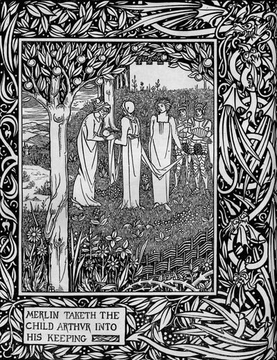 Merlin ottaa lapsen, Arthurin vartiokseen, n. 1893 tekijältä Aubrey Beardsley