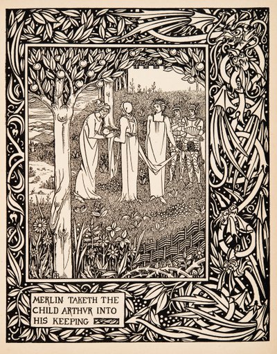 Merlin ottaa Arthur-lapsen haltuunsa, kuvitus Thomas Maloryn teoksesta 