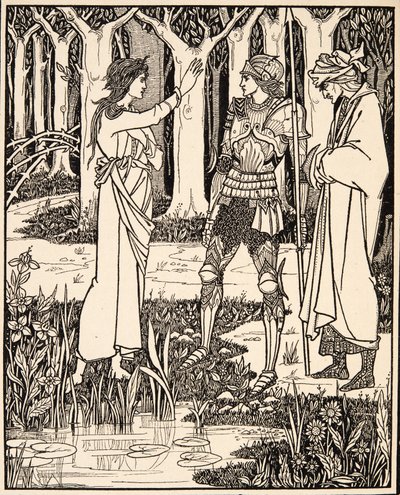 Järven nainen kertoo Arthurille miekasta Excalibur,1894 (kaiverrus) tekijältä Aubrey Beardsley