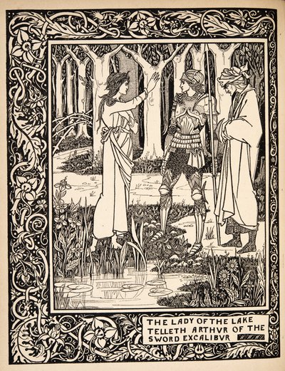 Järven rouva kertoo Arthurille miekasta Excaliburista tekijältä Aubrey Beardsley