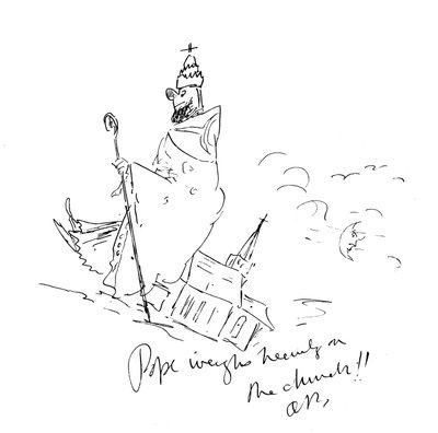 "Paavi painaa voimakkaasti kirkkoa", c. 1893 (kynä ja muste) tekijältä Aubrey Beardsley