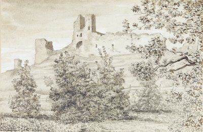 Näkymä Rakveren linnan raunioille, 1828 (seepia & kynä paperille) tekijältä August Georg Wilhelm Pezold