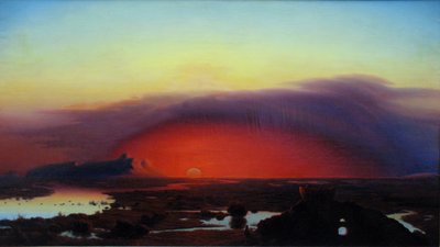 Saksa: Die Pontinischen Sümpfe bei Sonnenuntergang Pontiniset suot auringonlaskun aikaan. tekijältä August Kopisch