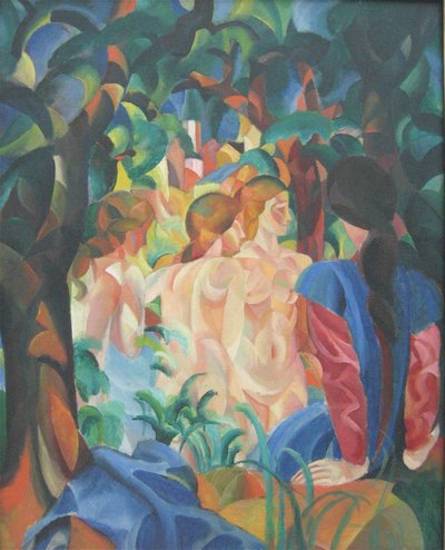 Kylpeviä tyttöjä kaupungin taustalla tekijältä August Macke
