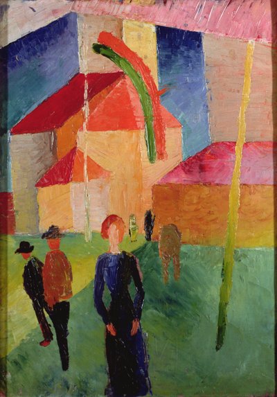 Lippujen koristeltu kirkko (öljy kankaalle) tekijältä August Macke