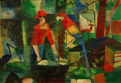 Frau mit Papagei in einer Landschaft tekijältä August Macke