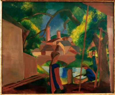 Lapset suihkulähteen äärellä, taustalla kaupunki tekijältä August Macke