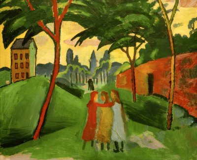 Maisema kolmen tytön kanssa tekijältä August Macke