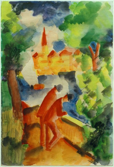 Miehet terassilla järven rannalla tekijältä August Macke
