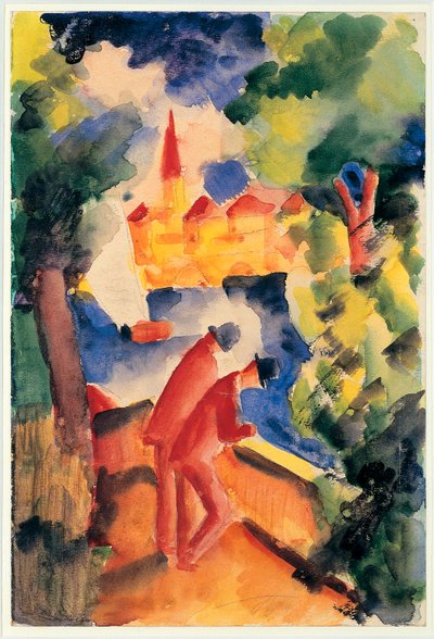 Kaksi miestä käsivarrella kaiteessa, näkymä järvelle 1914 (akvarelli) tekijältä August Macke