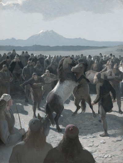Palaneen Njállin tarina: Hevostaistelu Hliðarendissa, 1880-luku. tekijältä August Malmström