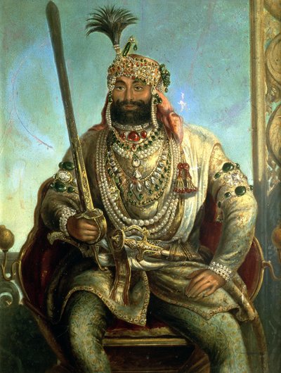 Maharaja Sher Singhin muotokuva kuninkaallisessa mekossa, n. 1850 tekijältä August Theodor Schoefft