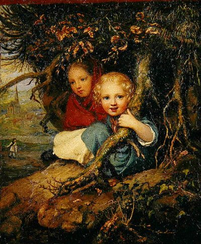 Kaksi lasta puiden juurien alla, n. 1840 (öljy sinkkilevylle) tekijältä August von der Embde