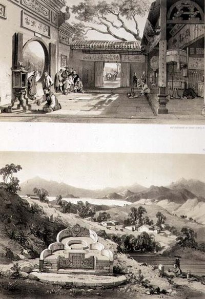 Sisäkuva Macaon suuresta temppelistä ja haudasta ja kylästä Hongkongin ja Cowloonin lahden välissä, levyt 8 ja 7 julkaisusta "Sketches of China", kaiverrettu Eugene Ciceri (1813-90) 1842 (sävytetty litho) tekijältä Auguste (after) Borget