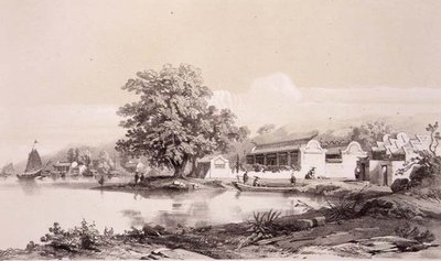 Mandariinien talo Macaon ja Kantonin kanavalla, levy 20 julkaisusta "Sketches of China", kaiverrus Eugene Ciceri (1813-90) 1842 (sävytetty litho) tekijältä Auguste (after) Borget