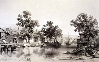 Honanin temppeli ja kanava, levy 29 julkaisusta "Sketches of China", kaiverrus Eugene Ciceri (1813-90) 1842 (sävytetty litho) tekijältä Auguste (after) Borget