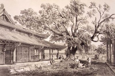 Buddhan temppeli Kantonin Honanin esikaupungeissa, levy 24 julkaisusta "Sketches of China", kaiverrus Eugene Ciceri (1813-90) 1842 (sävytetty litho) tekijältä Auguste (after) Borget