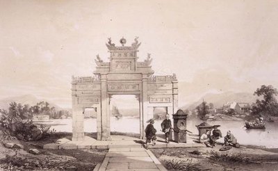 Riemukaari Macaon ja Kantonin kanavalla, levy 19 julkaisusta "Sketches of China", kaiverrus Eugene Ciceri (1813-90) 1842 (sävytetty litho) tekijältä Auguste (after) Borget