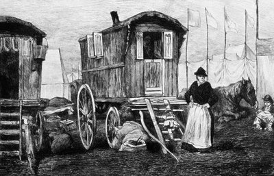 Mustalaisleiri ja hevosvetoinen asuntovaunu tekijältä Auguste Andre Lancon