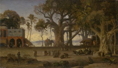 Kuutamoinen kohtaus intiaanihahmoista ja norsuista Banyan-puiden keskellä, Ylä-Intia (luultavasti Lucknow) tekijältä Auguste Borget