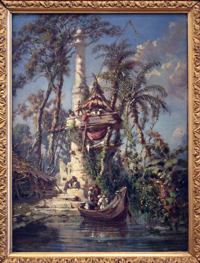 Observatorio Hoogly-joen rannalla (Bengal, Intia). Auguste Borgetin (1808-1877) maalaus, öljy mahonkipuulle tekijältä Auguste Borget