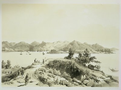 Hongkongin lahti ja saari, levy 4 teoksesta "Sketches of China", kaiverrettu Eugene Ciceri (1813-90) 1842 (sävytetty litografia). tekijältä Auguste Borget