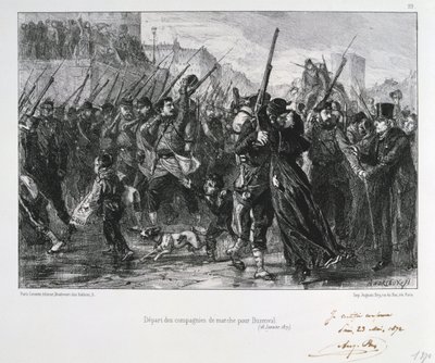 Ranskalaiset sotilaat lähtevät Buzenvaliin, Pariisin piiritys, Ranskan ja Preussin sota, 18. tammikuuta 1871 1872 tekijältä Auguste Bry