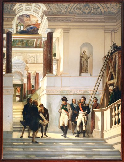 Napoleon I vierailee Louvren portaikossa arkkitehtien Percierin ja Fontainen seurassa ... tekijältä Auguste Couder