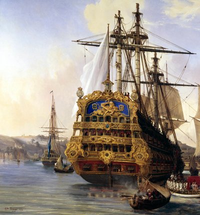 Laiva "le foudroyant" Brestin satamassa vuonna 1724"" Yksityiskohta. Auguste Mayerin (1805-1890) maalaus 1724 Brest, Kuvataidemuseo - Laiva "" Le Foudroyant""" Brestin satamassa tekijältä Auguste Etienne Francois Mayer