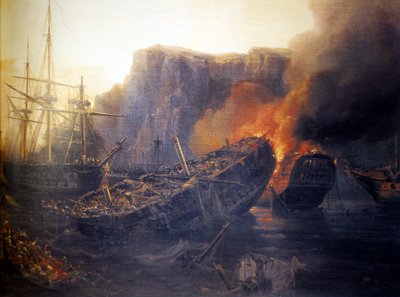 Ranskalainen:  Navarinon taistelun ilta, 1827 Evening of the Battle of Navarino tekijältä Auguste Etienne Francois Mayer