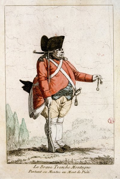 Rohkea Slice Mountain kellossaan Piety Mountainilla. Teoksessa "" Vallankumouksen ajan puvut 1790-1793"". Mr. Guillaumot Jr:n värikkäät vedet. tekijältä Auguste Etienne fils Guillaumot