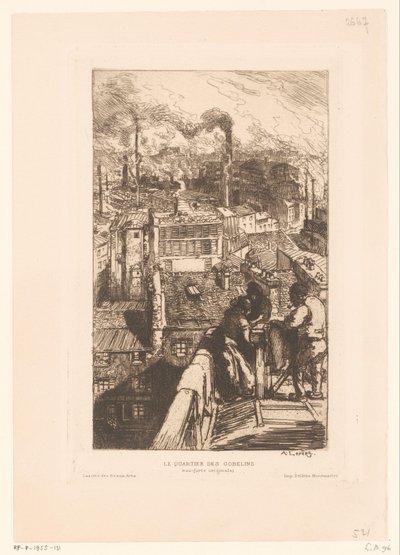 Näkymä katoille Gobelinsin alueella Pariisissa Le quartier des Gobelins (otsikko esineessä) tekijältä Auguste Lepere