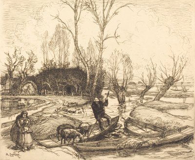 In the Deluged Marsh - Paimen Au marais inonde - Le berger, 1911. tekijältä Auguste Lepere
