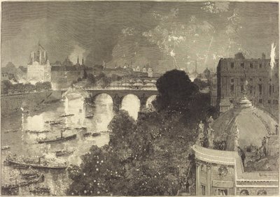 14. heinäkuuta. Seinen valaistus Pont Neufista Pont au Changeiin tekijältä Auguste Lepere