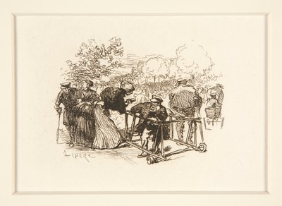 Mies Walkerissa muiden hahmojen kanssa puistossa tekijältä Auguste Lepere
