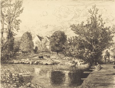 Vanha jalkasilta, Banks of the Small Morin Vieille passerelle, bords du petit morin, 1915. tekijältä Auguste Lepere