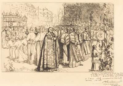 Kulkueen paluu Nanten katedraaliin (Rentree de la Procession a la Cathedral de Nantes) tekijältä Auguste Lepere