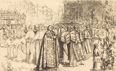 Kulkueen paluu Nanten katedraaliin Rentree de la Procession a la Cathedral de Nantes, 190 tekijältä Auguste Lepere