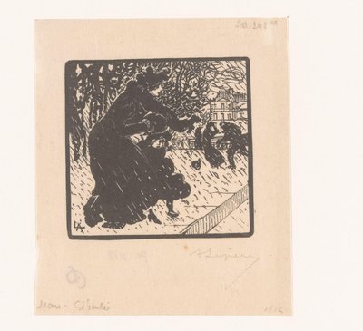 Nainen ja lapsi sadesuihkussa Giboulées Luxemburgissa Mars Giboulée (otsikko esineessä) Tammi-, helmi- ja maaliskuu 1894 (sarjan nimi) Janvier, Février et Mars 1894 (sarjan nimi) tekijältä Auguste Lepère (signed by artist)