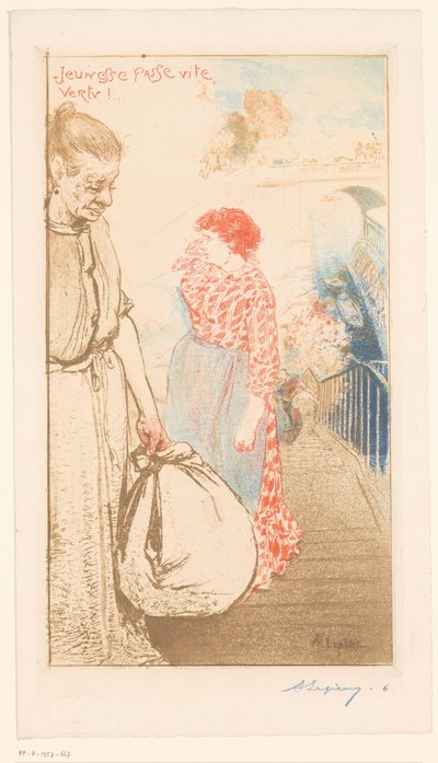 Pesukoneisia portaissa Seinen varrella Jeunesse passe vite vertu! (otsikko esineessä) tekijältä Auguste Lepère (signed by artist)